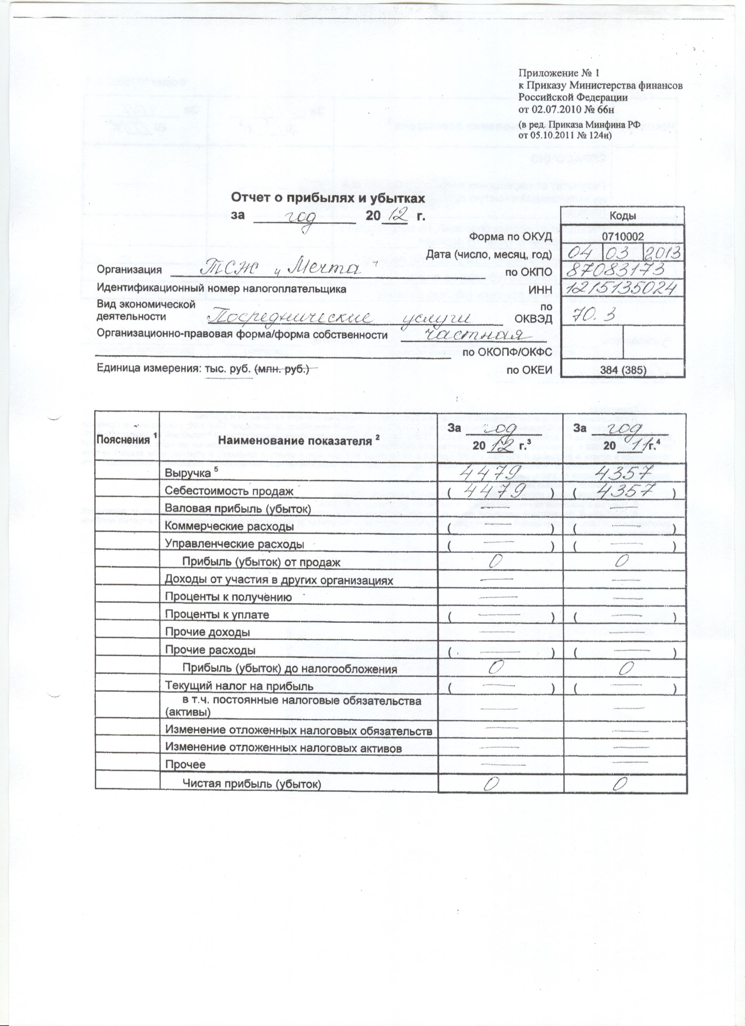 Финансовый отчет тсж образец